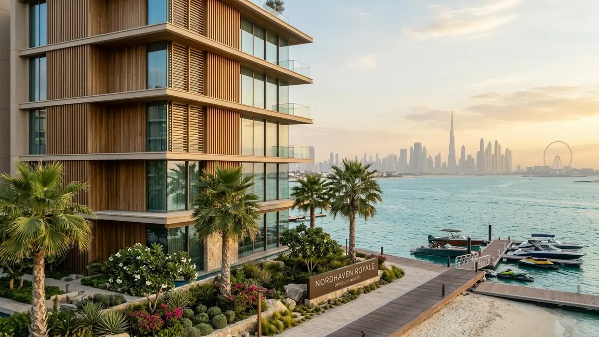 Nordhaven Royale waterfront residences in Dubai at sunset, with modern wood and glass architecture, private marina, and the Burj Khalifa skyline beyond the bay.
