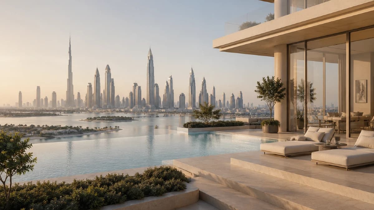 Nordhaven Royale waterfront promenade at dusk, with landscaped pathways, moored yachts, and the illuminated Dubai skyline reflected on the bay.