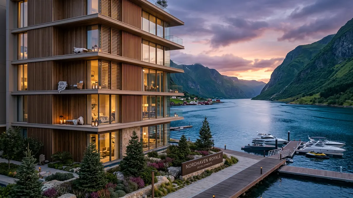 Nordhaven Royale luxury building on a Scandinavian fjord at dusk, surrounded by mountains, pine trees, and a private dock with yachts, reflecting Nordic design heritage.