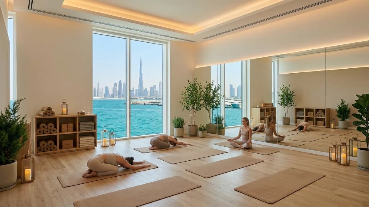 Designer master bedroom with warm wood accents, soft natural light, and a private balcony overlooking calm Dubai marina waters.